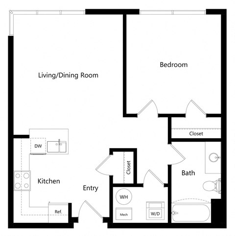 Floor plan for 1 bed, 1 bath, 650 sqft